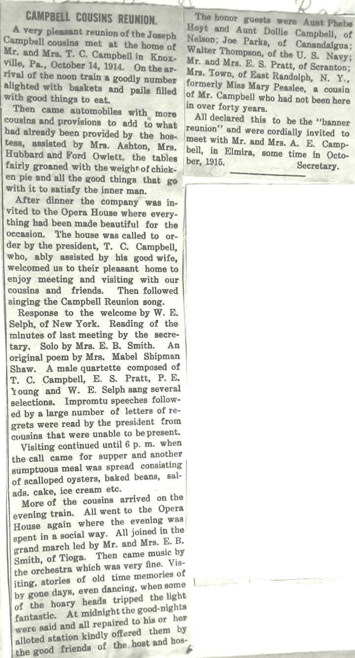 1914 Campbell Cousins Dinner News Clip