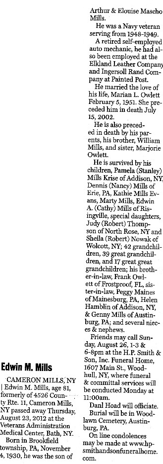 Clipping of obituary of Edwin M. Mills