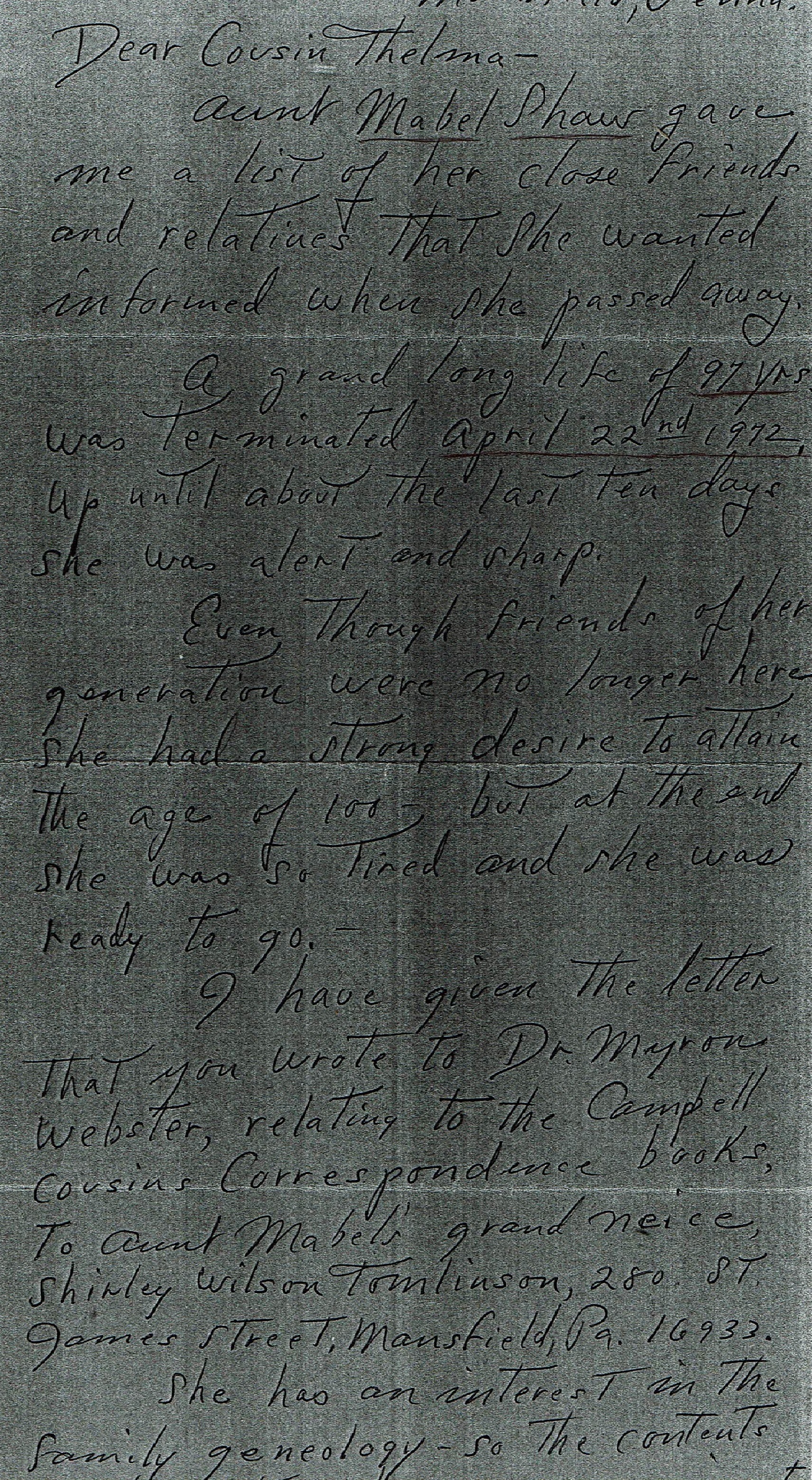 Image of a 1972 letter from George Robert Wilson to Thelma ELLISON Huyett