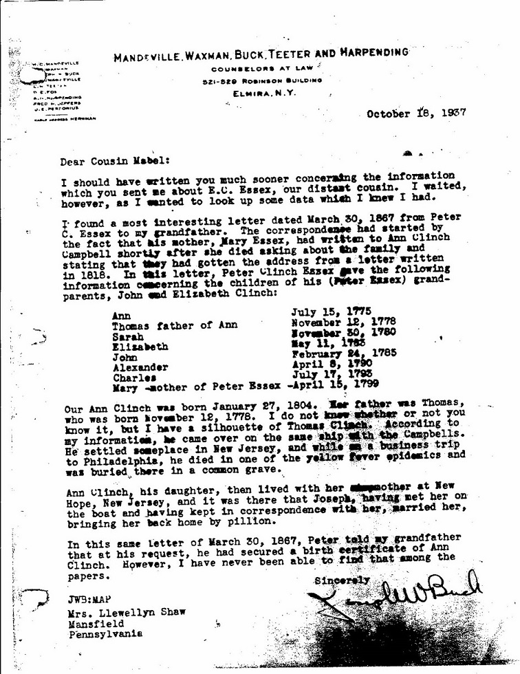 Image of a letter from Joseph Wallace Buck to Mabel SHIPMAN Shaw, Oct. 18, 1937