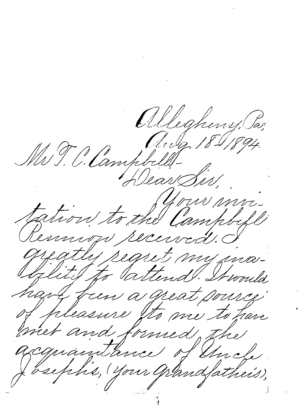 Image of a letter from Sarah J. Campbell (born 1849) to Thomas C. Campbell, Aug 18, 1894, page 1