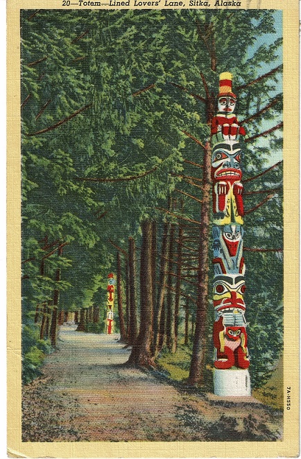 Picture postcard of Sitka, Alaska totem poles