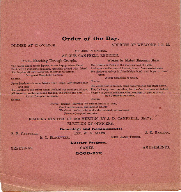 1903 Campbell Reunion Invitation, p4 - Program
