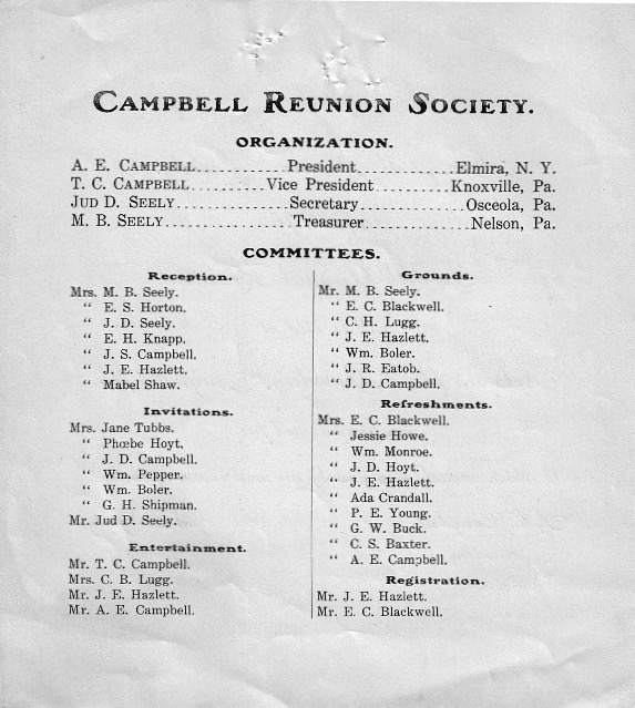 1905 Campbell Reunion Invitation, p2 - Organization